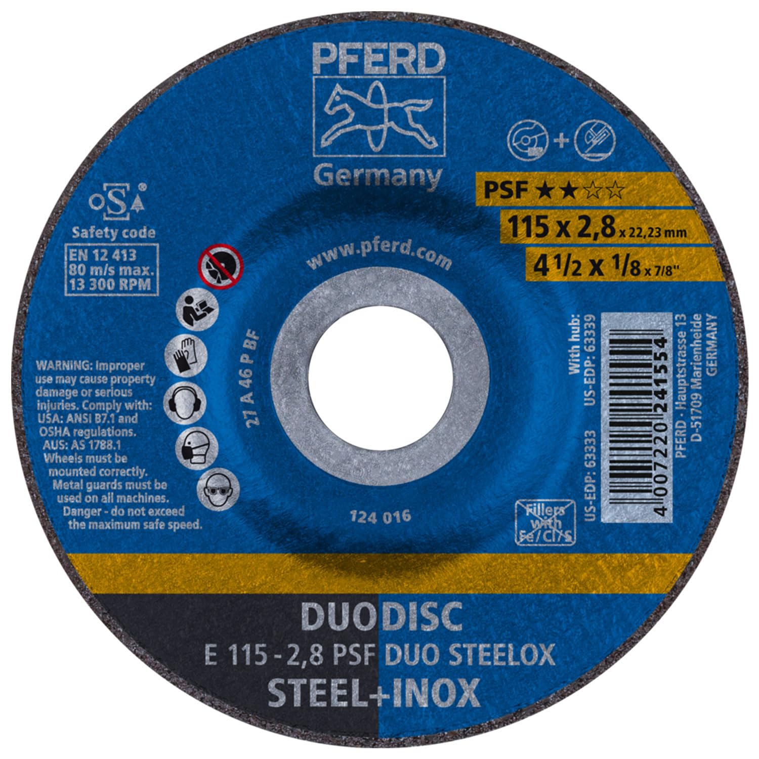 PFERD 4-1/2" PSF DUODISC STEELOX Combination Cutting and Grinding Wheel - Type 27, Aluminum Oxide, 1/8" Thick, 7/8" Arbor, 13300 RPM (Pack of 10) - Part 63333