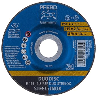 PFERD 4-1/2" PSF DUODISC STEELOX Combination Cutting and Grinding Wheel - Type 27, Aluminum Oxide, 1/8" Thick, 7/8" Arbor, 13300 RPM Pack of 10 - Part 63333