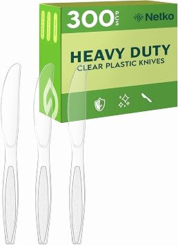 Netko Heavy Duty Plastic Knives 300 Disposable Clear Plastic Knives With Engraved Design