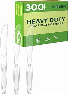 Netko Heavy Duty Plastic Knives – 300 Disposable Clear Plastic Knives With Engraved Design