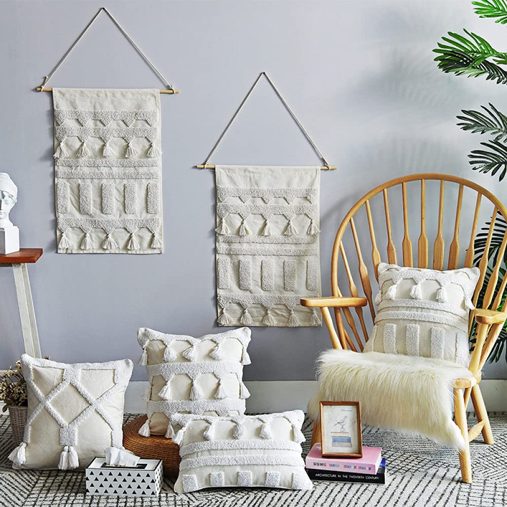 Kissen Set Für Sofa,Vintage Beige Gestreifte Dreieck Raute Getuftete Jacquard Quaste Baumwolle Dekorative Kissenbezüge Marokkanisches Indien 45X45Cm Dekokissen Bezüge Für Sofa Schlafzimmer Wohnz