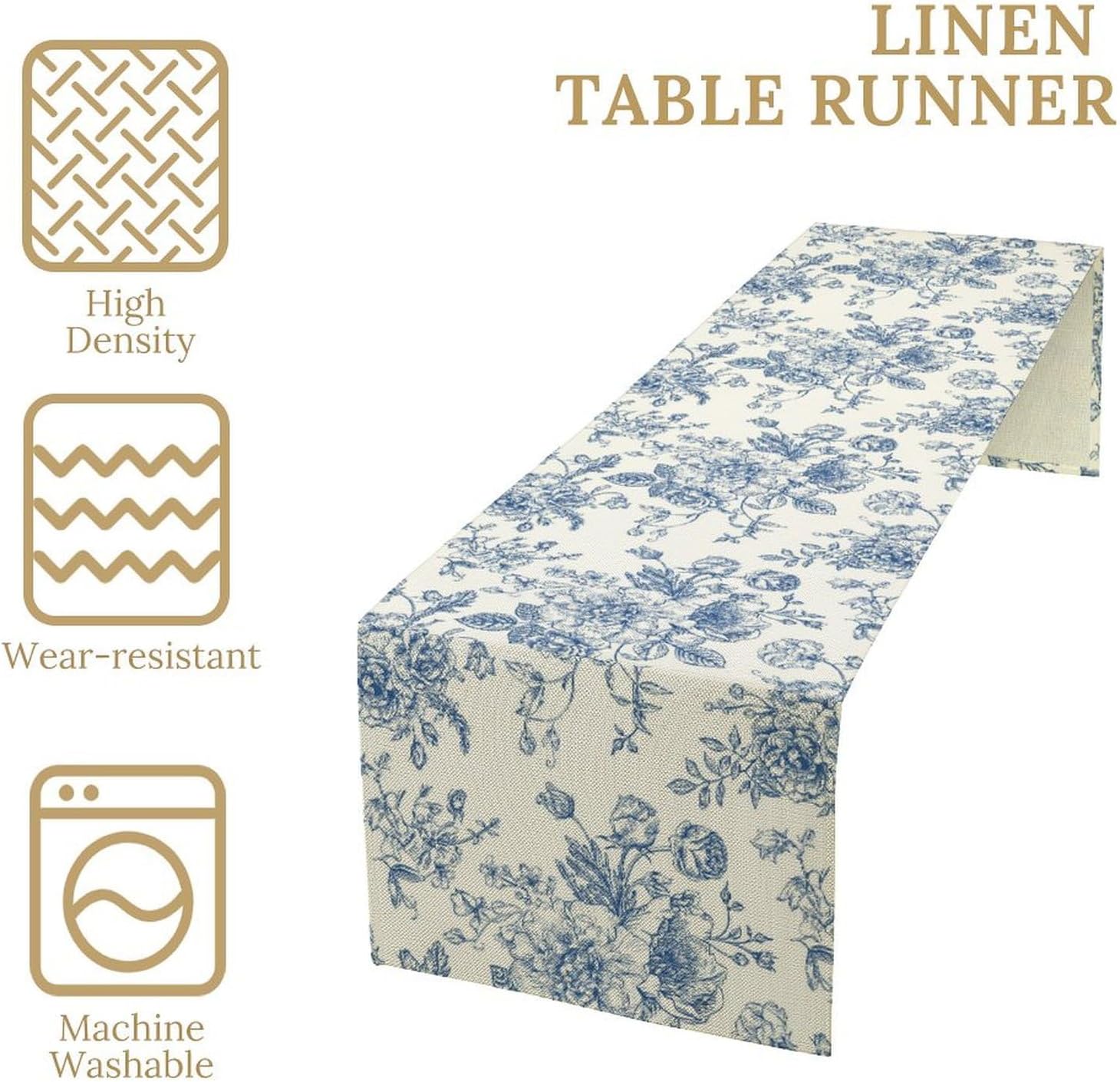 Blue and White Table Runner，Retro Monochrome Sketch Birds Flowers Summer Table Runner，Seasonal Spring Fall Kitchen Dining Table Decoration for Home Party Decor 13x90 Inch
