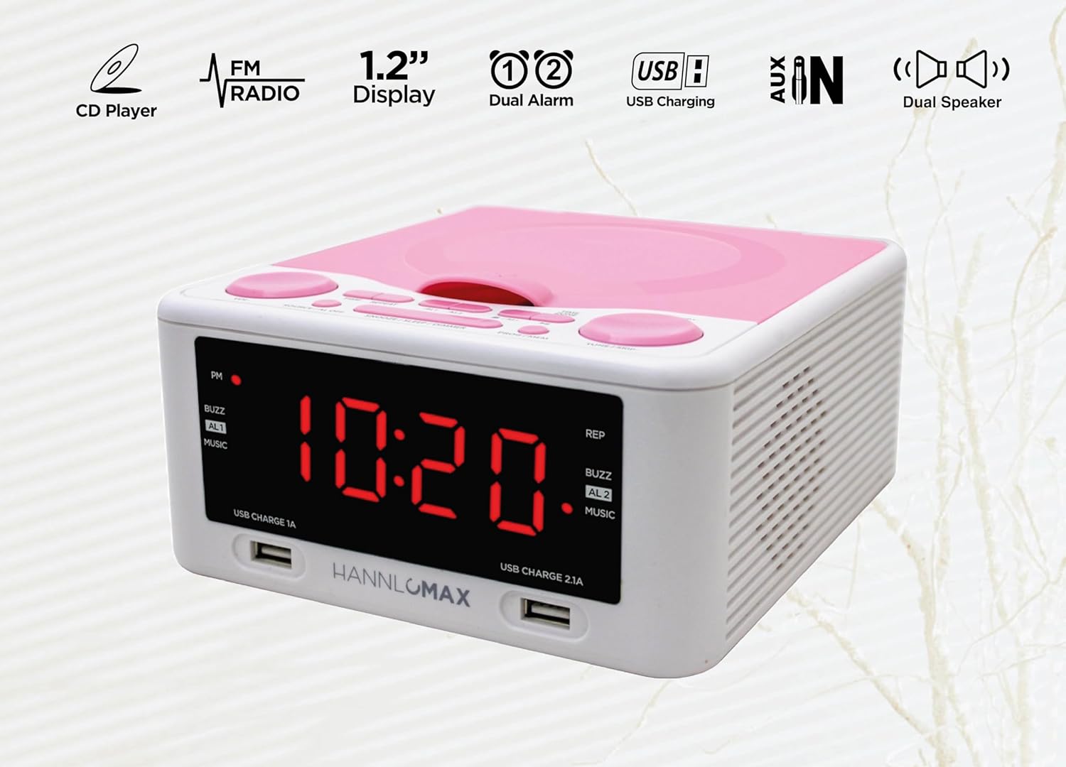 HANNLOMAX HX-300CD Top Loading CD Player, PLL FM Radio, Digital Clock, 1.2" Red LED Display, Dual Alarms, Dual USB Ports for 2.1A and 1A Charging, AC/DC Adaptor Included (White_Pink)