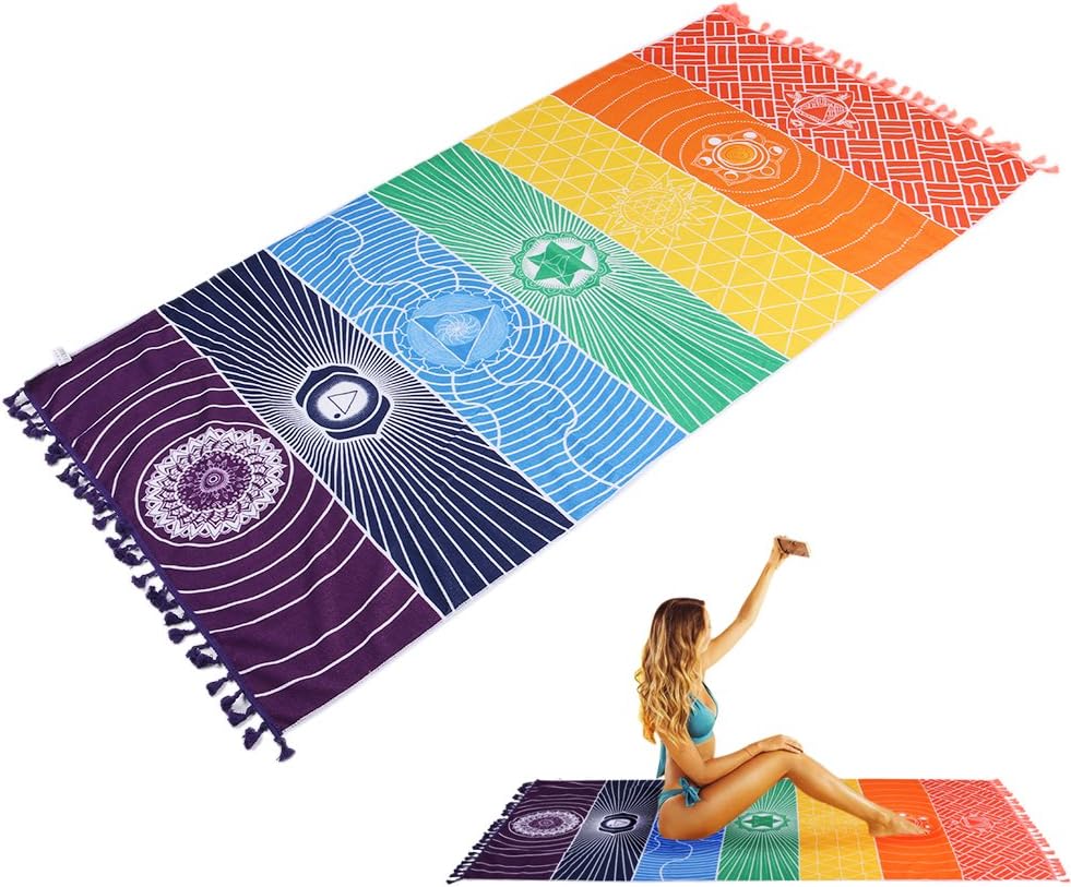 Indian Tapestry Yoga Towel, 100%-cotton, Rainbow, 59" (150cm) Long X 30" (75cm) Wide