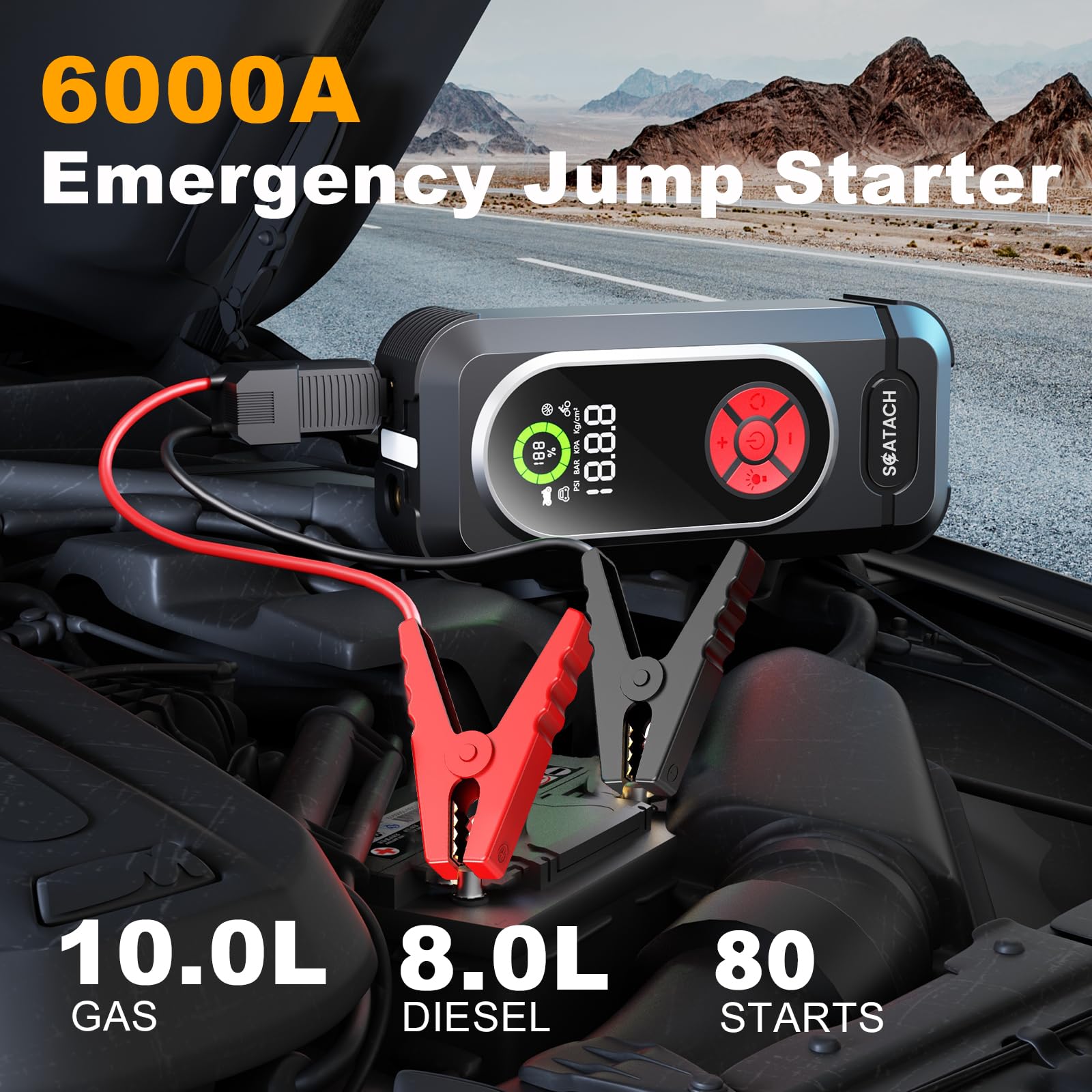 Démarreur de batterie portable 6000 A avec compresseur d'air, batterie de voiture portable (10,0 gaz/10,0 l diesel), 150 PSI 12 V pour batterie de voiture avec gonfleur de pneu, câbles de démarrage
