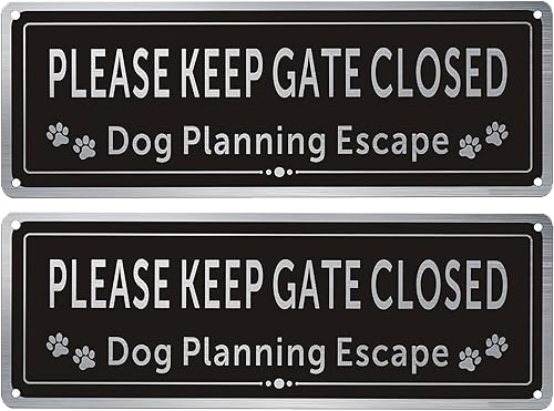 Paquete de 2 letreros Matal con texto en inglés Please Close The Gate, letreros de planificación para perros, tinta duradera de aluminio cepillado,