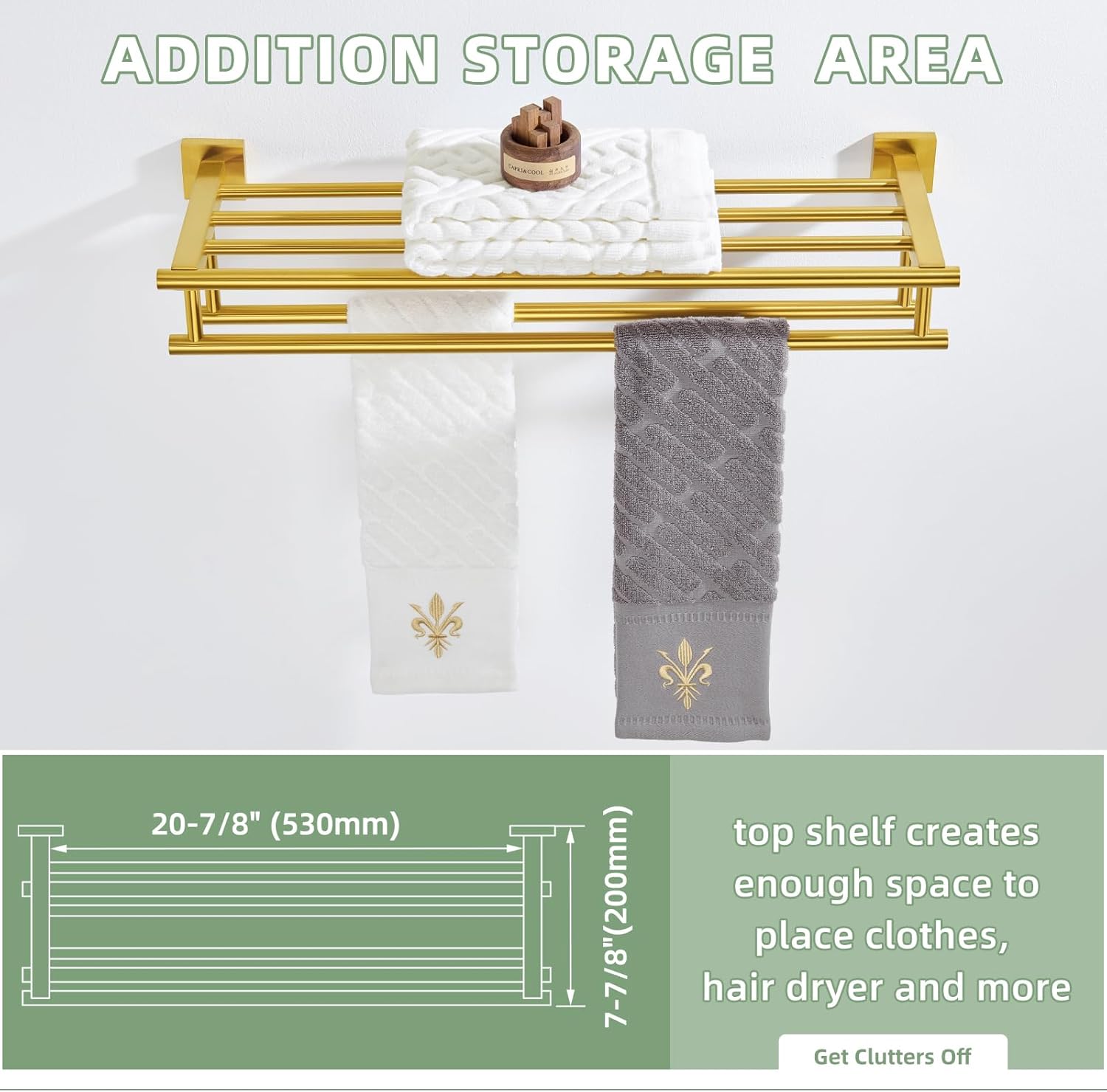 Angle Simple Towel Rack with Holder for Bathroom, SUS 304 Stainless Steel Wall Bath Towel Shelf with Double Bar, Brushed Dark Gold, 23.62 Inches