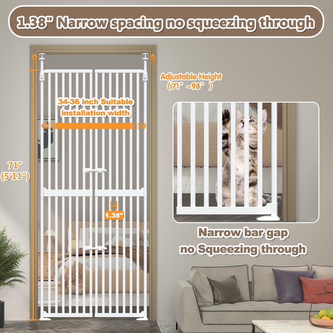 Cat Gate Net 51 Inch Extra Tall Pressure Mounted Cat Gate For Doorways 51 Inch Extra ...