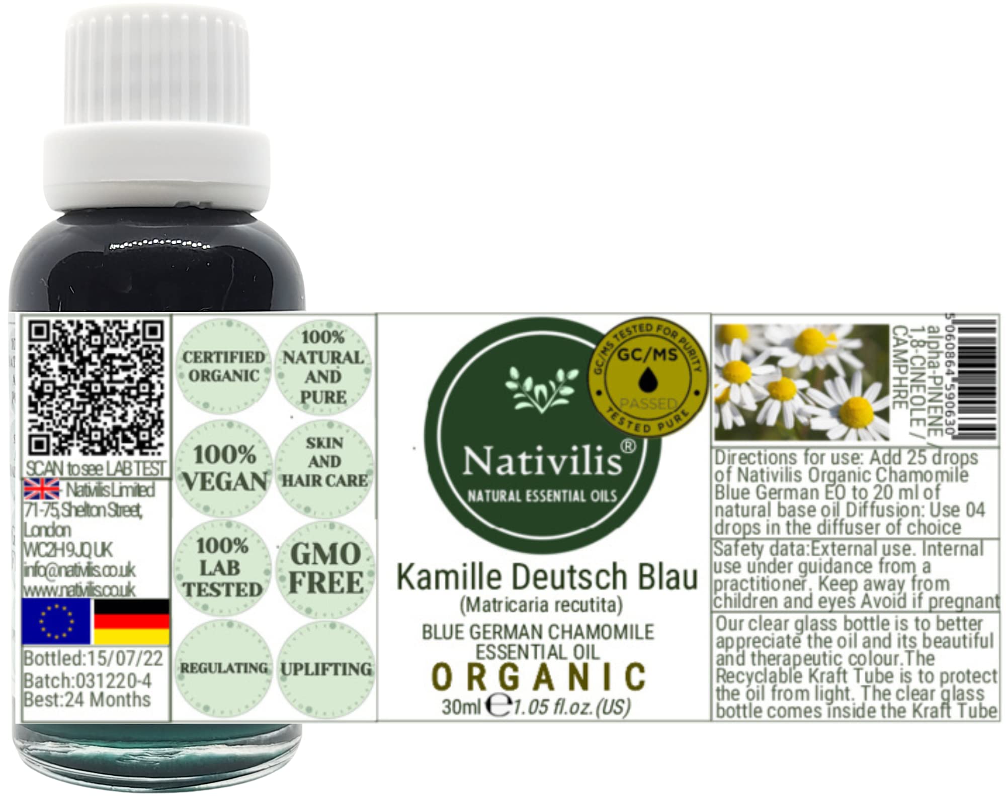 Nativilis Camomille Allemand Bleu (Matricaria recutita) Huile Essentielle Bio – Anti-inflammatoire, apaisant – Chamazulene Aromathérapie Copaiba