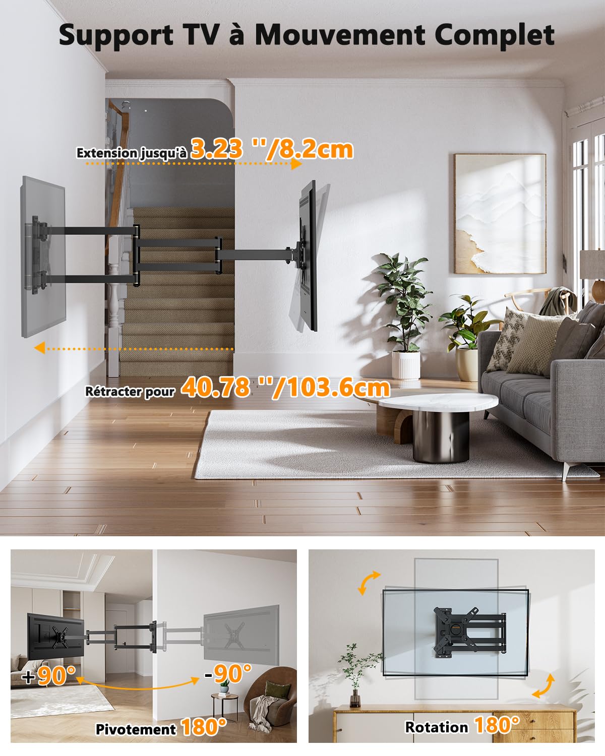 Support Mural TV à Extra Longue Portée 1036mm, [180°Rotation] [180° Pivotant] Support TV Mural Orientable et Inclinable pour Écrans & Monitors 13-43 Pouces LED LCD, Max VESA 200x200mm