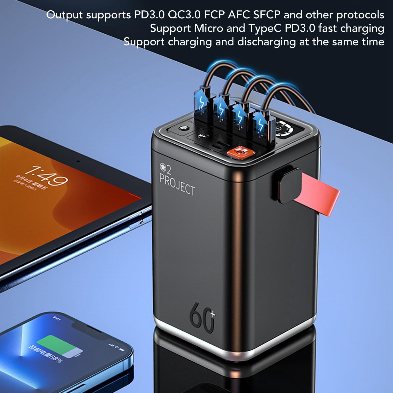 Przenośna Elektrownia z Szybkim ładowaniem 66W │ 60000 MAh Wielofunkcyjna Konstrukcja dla Zewnętrznych S (BLUE) (GREY)