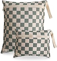 mushie Water Resistant Wet Bags Set of 2 - Large & Small Reusable for Diapers, Swimsuits, Travel | Machine Washable, Olive Check