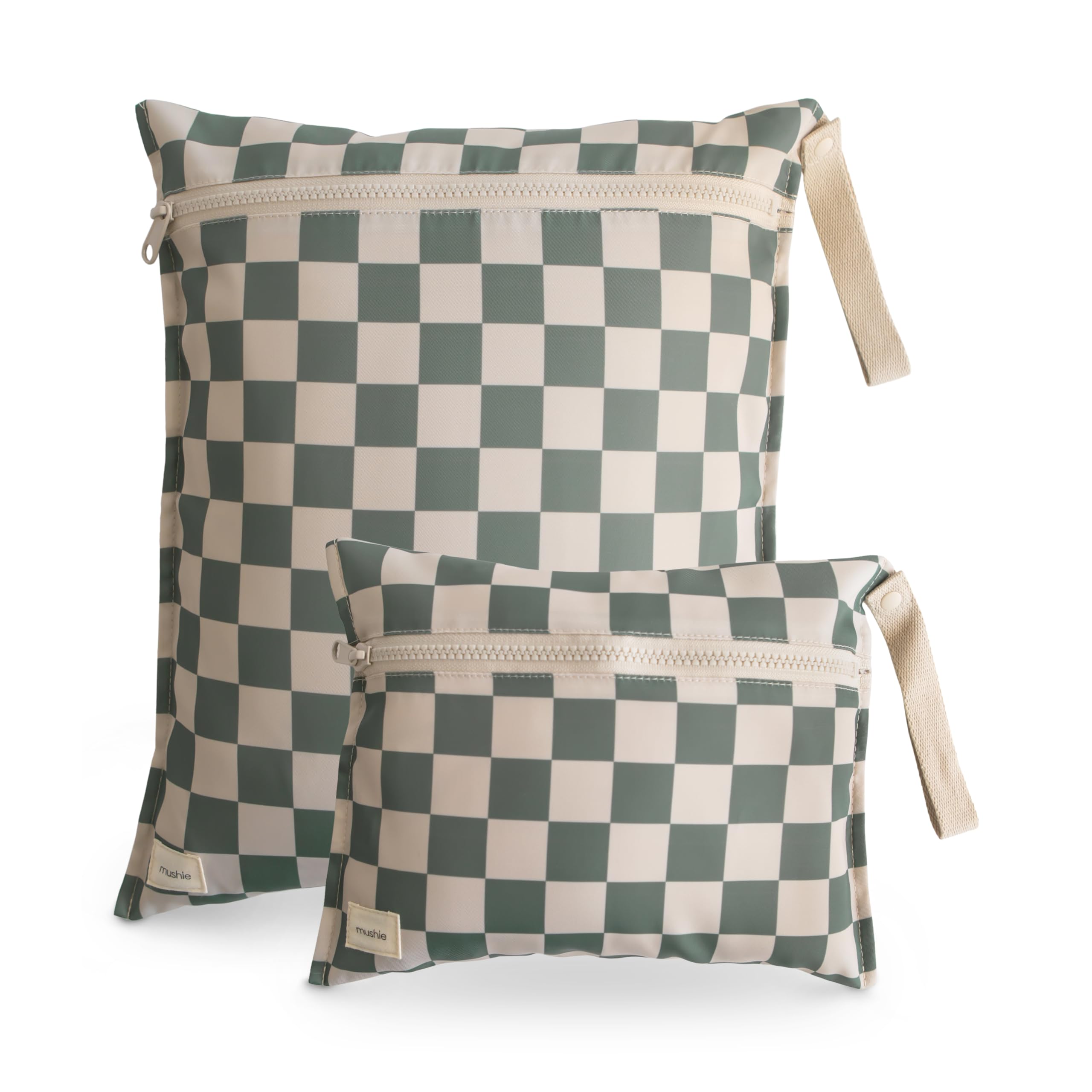 Water Resistant Wet Bags | Large & Small Reusable Storage Bag for Baby Items and Travel | Zippered Pockets with Handle | Machine Washable, Set of 2 (Olive Check)