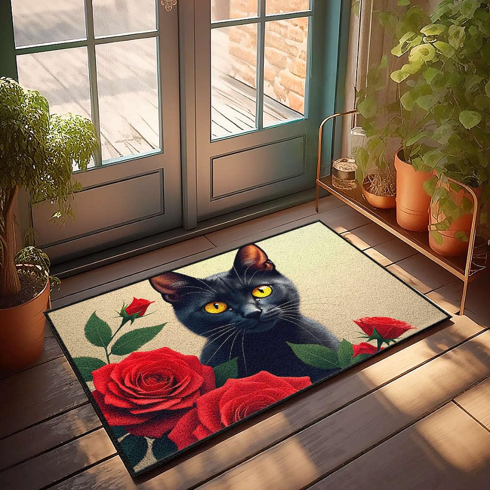 Paillasson d'extérieur pour entrée extérieure tapis chat noir roses 65x90