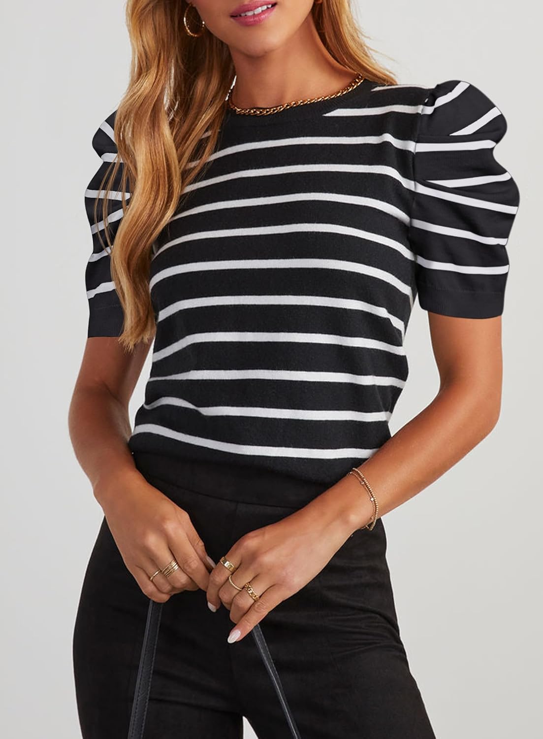 HAEOF Women's Striped Puff Short Sleeve Spring Tops 2026 Summer T Shirts Lightweight Sweater Dressy Casual Cute Work Blouses - Image 2