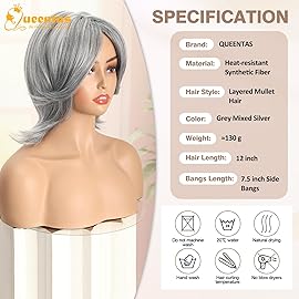 QUEENTAS 12 Gray Wigs for Women Grey Silver Medium Length Layered Wig with Curtain Bangs Glueless Natural Looking Synthetic Wigs for Thinning Hair Daily and Cosplay(Black Mixed Grey Siler)