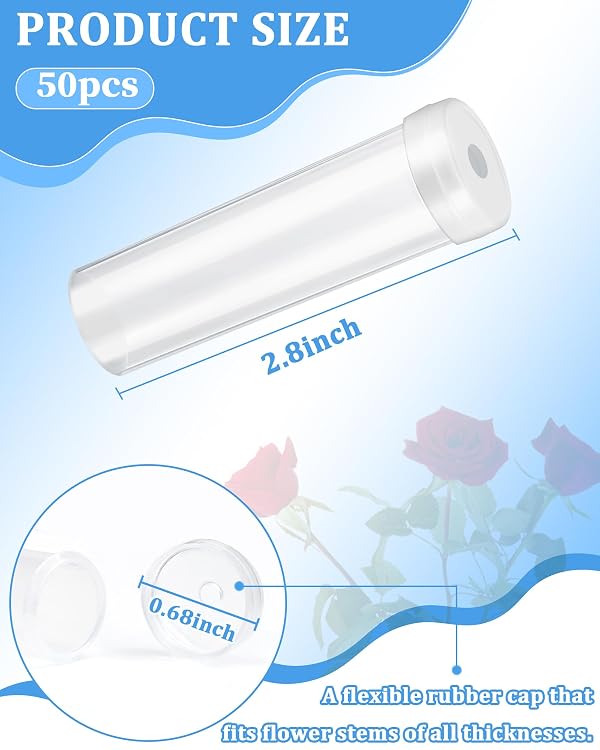 FIVEIZERO 50PCS Leak-Proof Floral Water Tubes with Caps - 2.8 Inch Clear Plastic Flower Water Tubes for Arrangements, Single Stem Roses, Bouquets, 0.68 Inch Opening by FIVEIZERO - Image 2