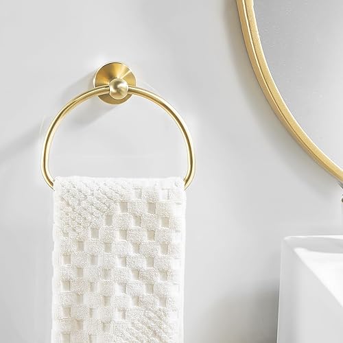 Miniatura 9 de Leyden Toallero de mano dorado cepillado, anillo de toalla de baño, colgador de toalla de mano de baño, colgadores montados en la pared medio
