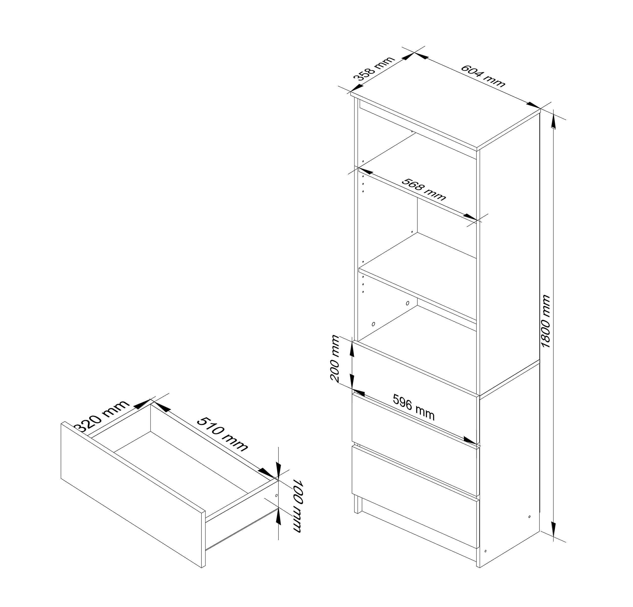 Home Collective Armoire à 3 tiroirs Blanc Largeur 60 cm Hauteur 180 cm