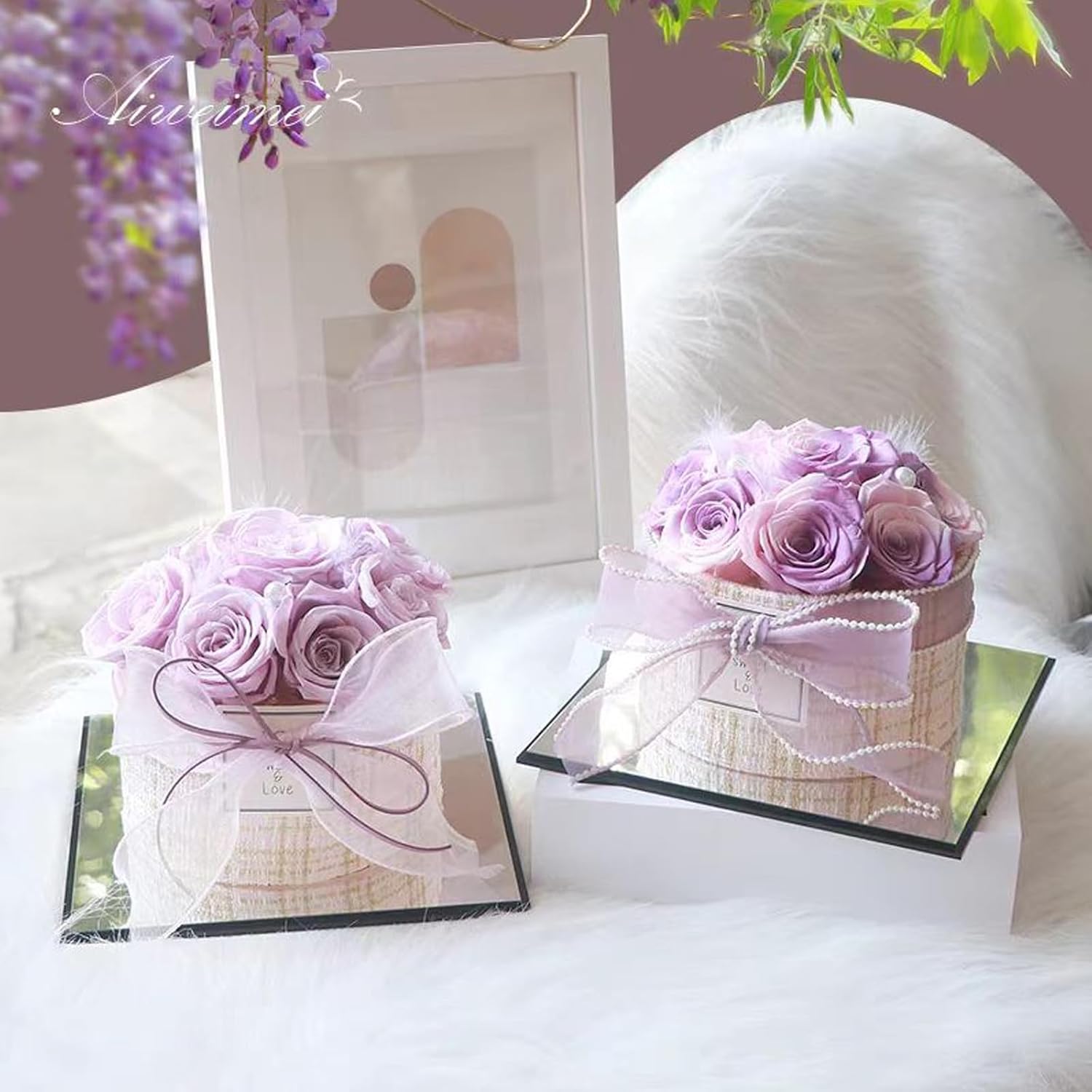 Birthday Cake Box Preserved Rose Flower Long Lasting Freshness Valentine's Day Thanksgiving Day for Mom Grandma Sister Wife (Purple)
