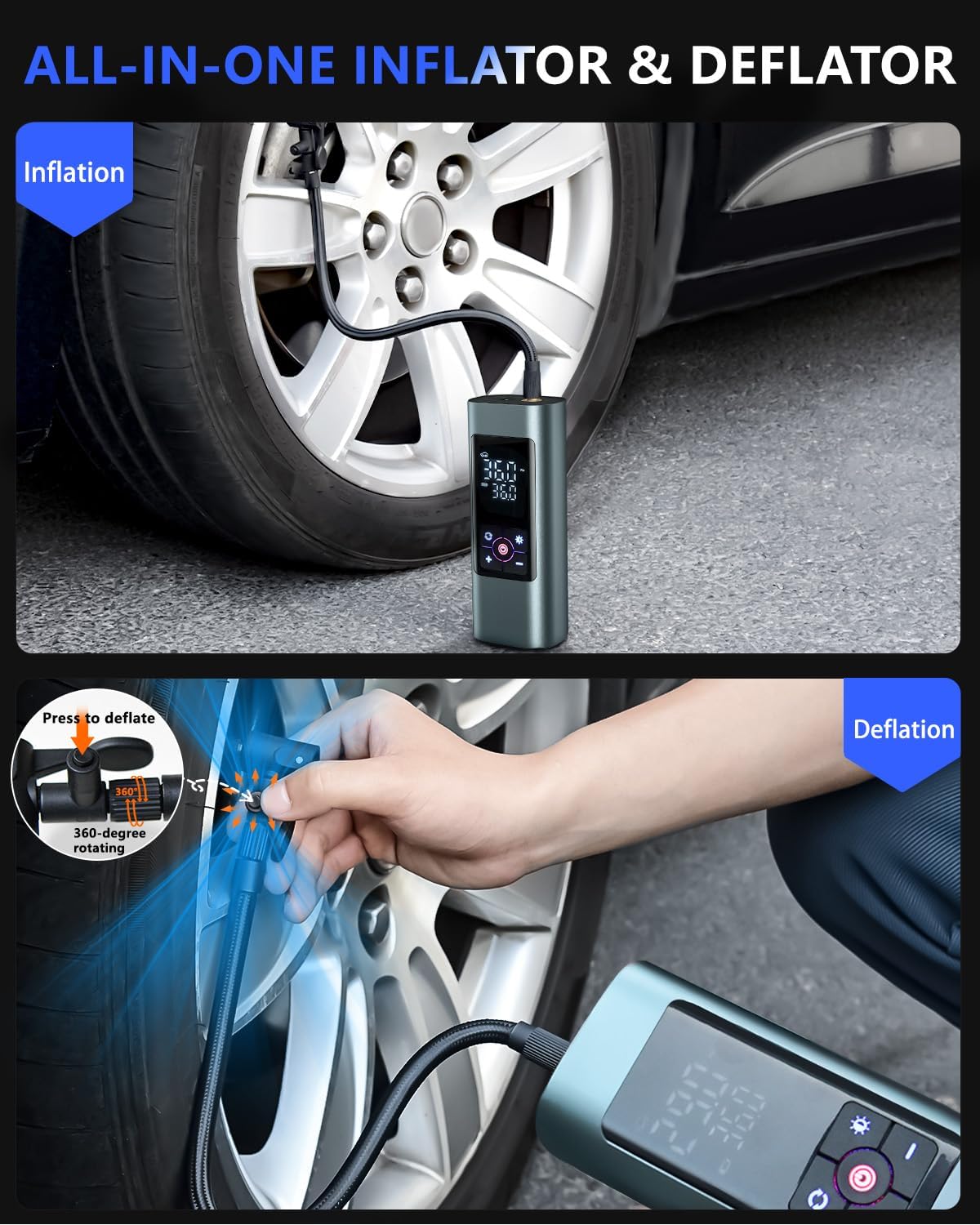 Tire Inflator Portable Air Compressor: Cordless Air Pump for Car Tires 150PSI - Tire Pump with Pressure Gauge for Car Bike Motorcycle Balls (Grey Blue)