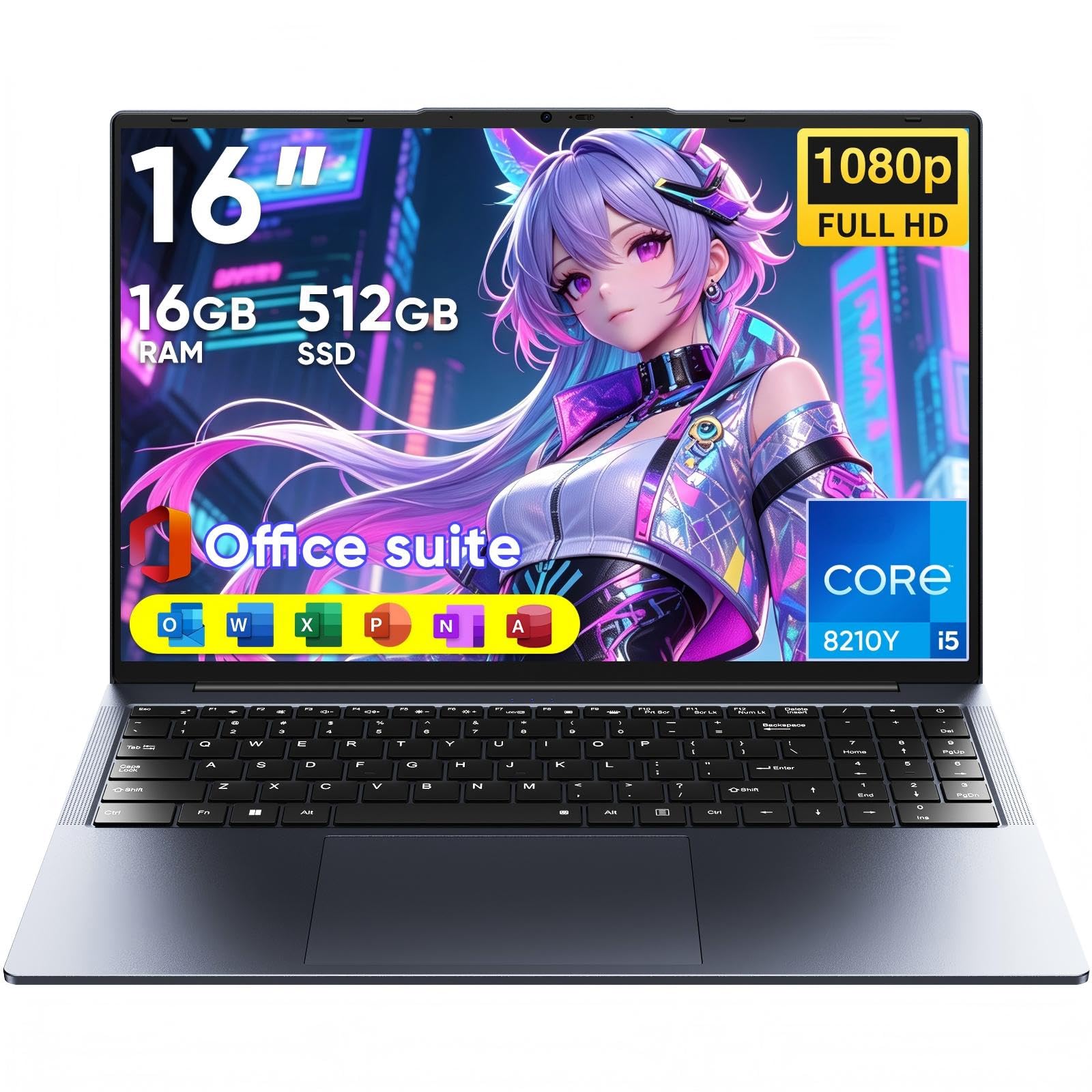 Vowmoon Laptop 16" - Core i5-8210Y (fino a 3,6 GHz), 16 GB RAM, SSD 512 GB, FHD 1920x1200 16:10, tastiera retroilluminata, Wi-Fi 5, Bluetooth 5.0, USB-A, HDMI, RJ45, 44 Wh (7,6 V/5800 mA)