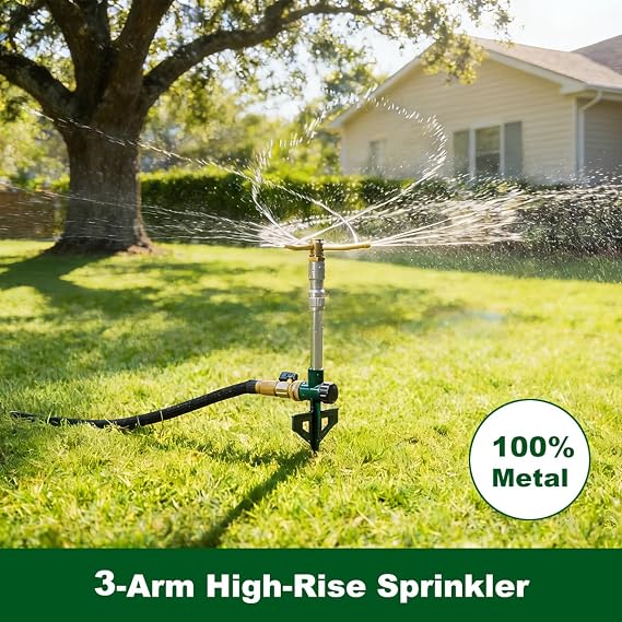 FANHAO 2 Pack Metal Lawn Sprinklers with Adjustable Telescoping Base, 3-Arm Water Sprinkler 360 Degree Rotation High-Rise Sprinkler for Large Area Coverage, Garden Watering Irrigation Sprinkler System