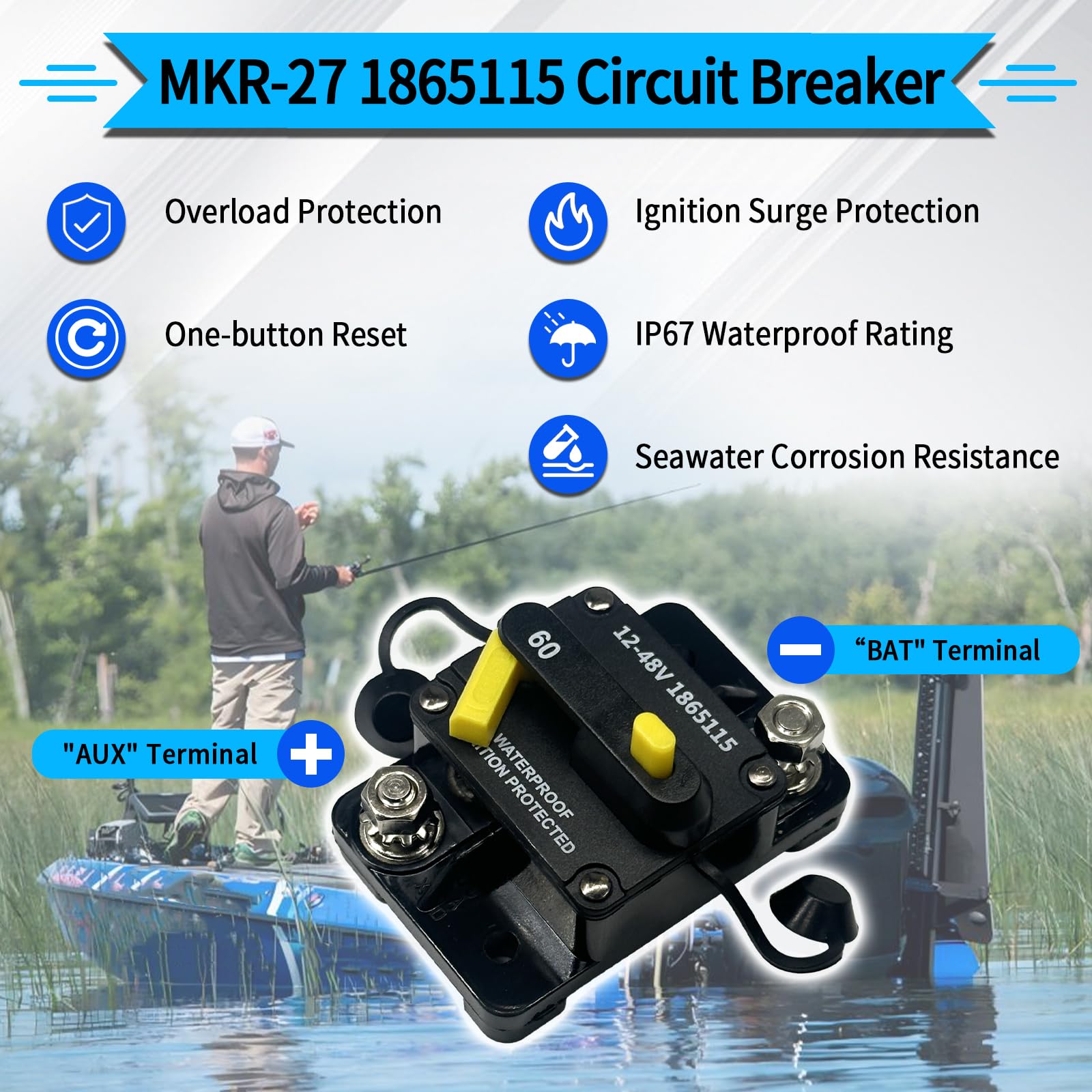 MKR-27 1865115 60Amp interruttore automatico e MKR-28 1865120 spina e presa per motore per pesca a traina con filo 8 AWG per motori da pesca a traina da 12 V/24 V/36 V/48 V Minn Kota per acqua dolce e