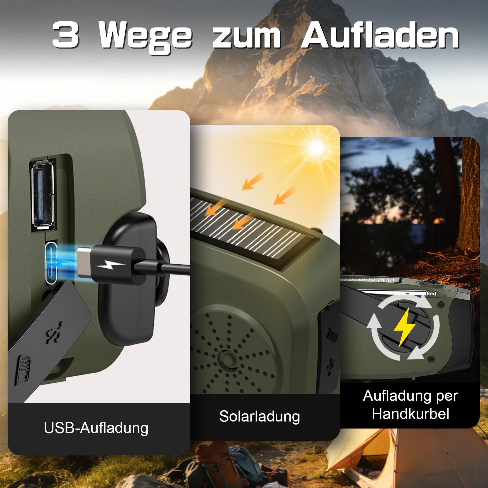 Notfall Kurbel Radio, 2000mAh/7400mWh Akku Kurbelradio Solar Batterie Power Bank USB AM/FM Radio mit SOS-Alarm Taschenlampe, 3-Wege-Laden Notfallradio, Innen Außen Camping Klein Taschenradio