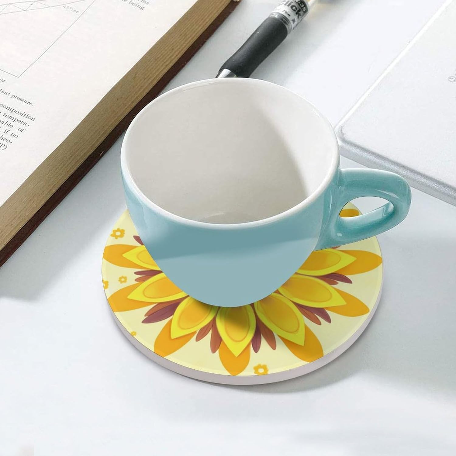 Sunflower Beauty Round Ceramic Stone Coaster Absorbent Drink Coaster with Cork Base Heat-Resistant Beverage Cup Mats for Hot Cold Drinks Bar Home Office Table Decor 4PCS image 5