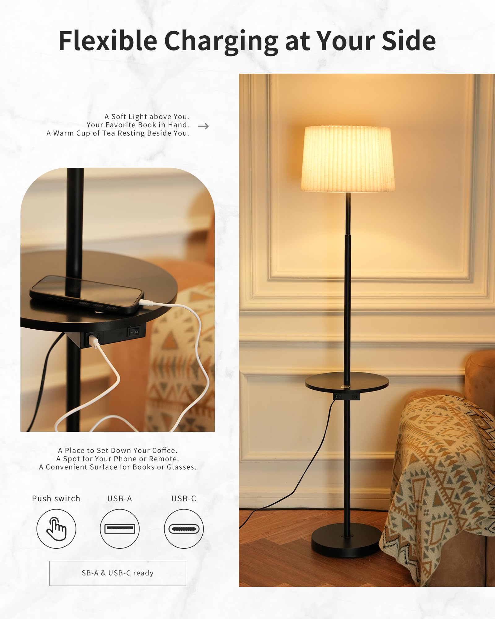Stehlampe mit Holzablage & USB, Stoffschirm in Naturton, dimmbar mit 3 Lichtfarben (2700–5000K), blendfreies warmes Licht, moderne Stehleuchte für Wohnzimmer & Schlafzimmer, Schwarz