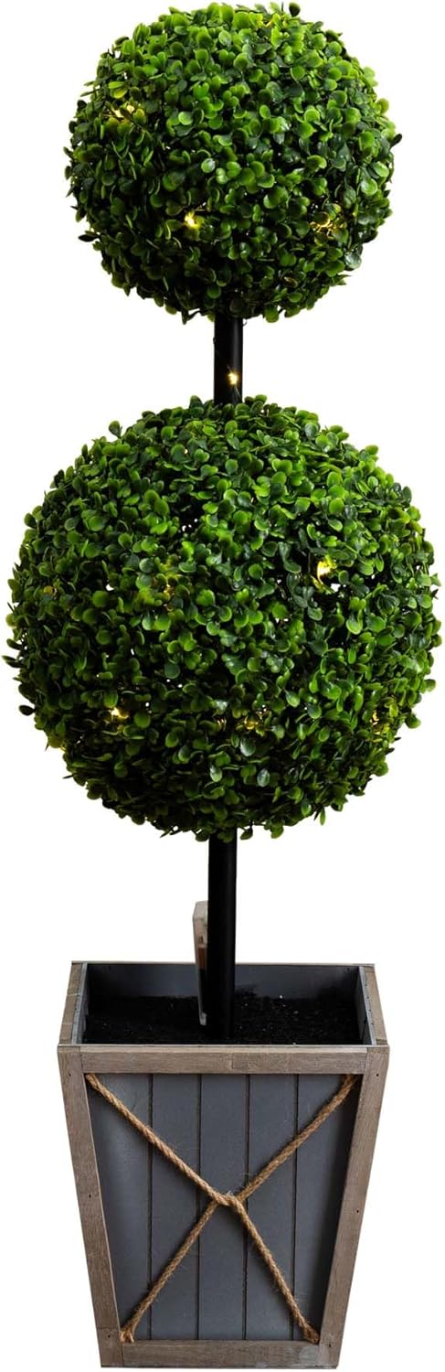 Nearly Natural 3ft. UV Resistant Artificial Double Ball Boxwood Topiary with LED Lights in Decorative Planter (Indoor/Outdoor)