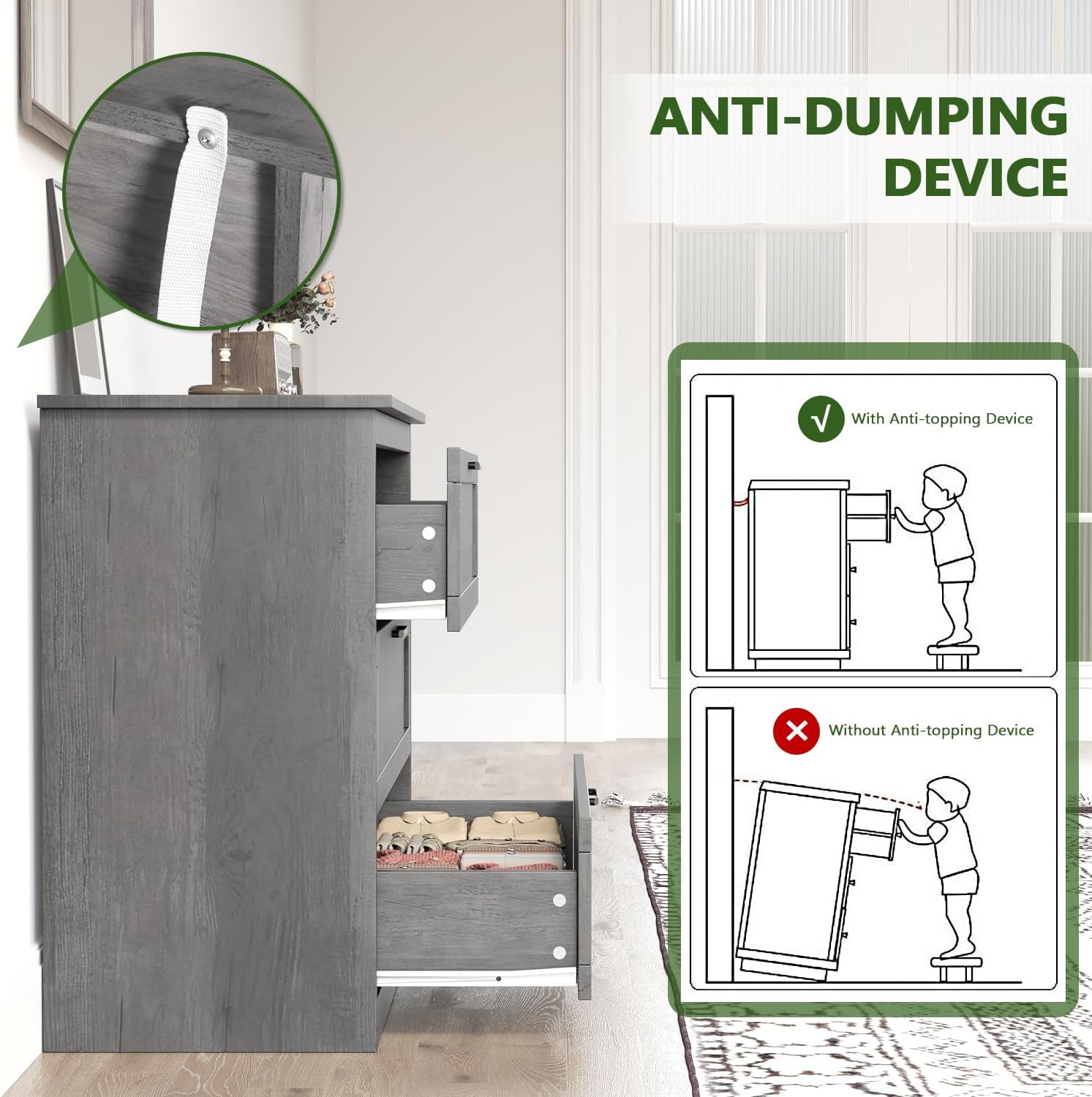 Vikiullf Farmhouse Chest of Drawers, Small Dressers with 3 Drawers for Bedroom, Living Room, Wooden Storage Cabinet, Grey