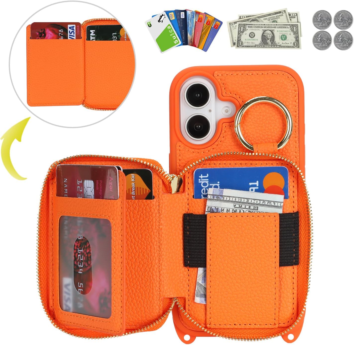 Crossbody Wallet Case for iPhone 17, PU Leather Zipper Handbag Purse Flip Cover, Kickstand Folio Case with Card Slots Holder Wrist Strap Lanyard 5G 6.3 Inch-Orange