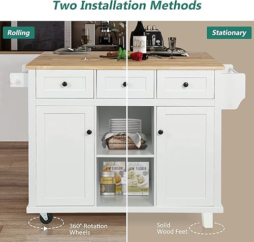 Miniatura 4 de LUMISOL Isla de cocina con ruedas con almacenamiento, carrito de isla de cocina con hoja caída, 2 puertas con estantes de almacenamiento internos,