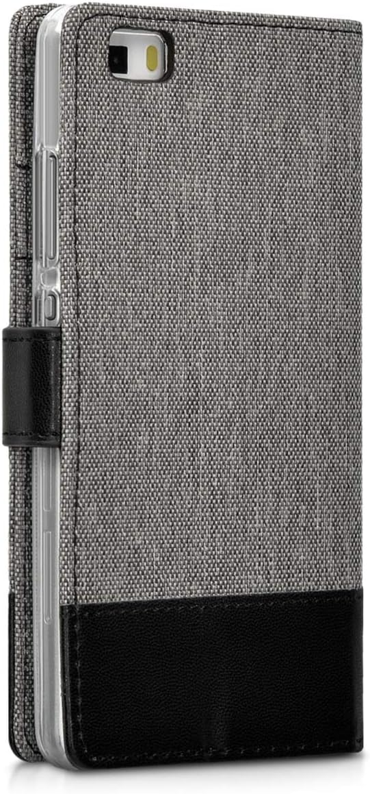 kwmobile Wallet Case Compatible with Huawei P8 Lite (2015) - Case Fabric and Faux Leather Phone Flip Cover - Grey/Black