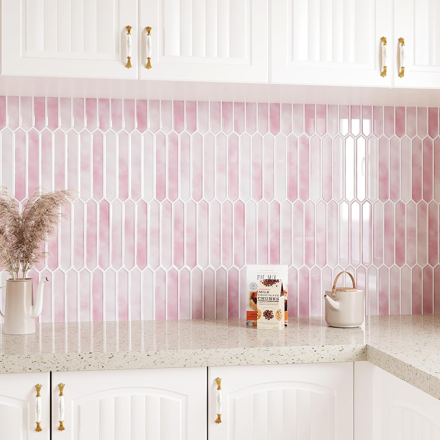 VEELIKE Pink Peel and Stick Backsplash for Kitchen Long Hexagon Pink Peel and Stick Tile Backsplash Stick on Tile for Bathroom Walls 6 Sheets Waterproof Renter Friendly Ceramic Tile Stickers 12''x12''