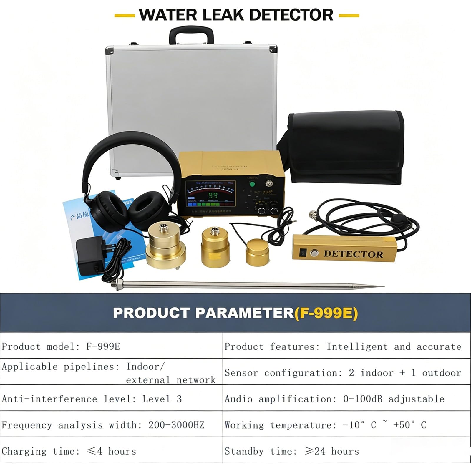 Detector Fugas Piscina y Dispositivo detección F999E, frecuencia 200-3000 Hz, método no destructivo, Estuche Transporte. para contratistas y construcciones