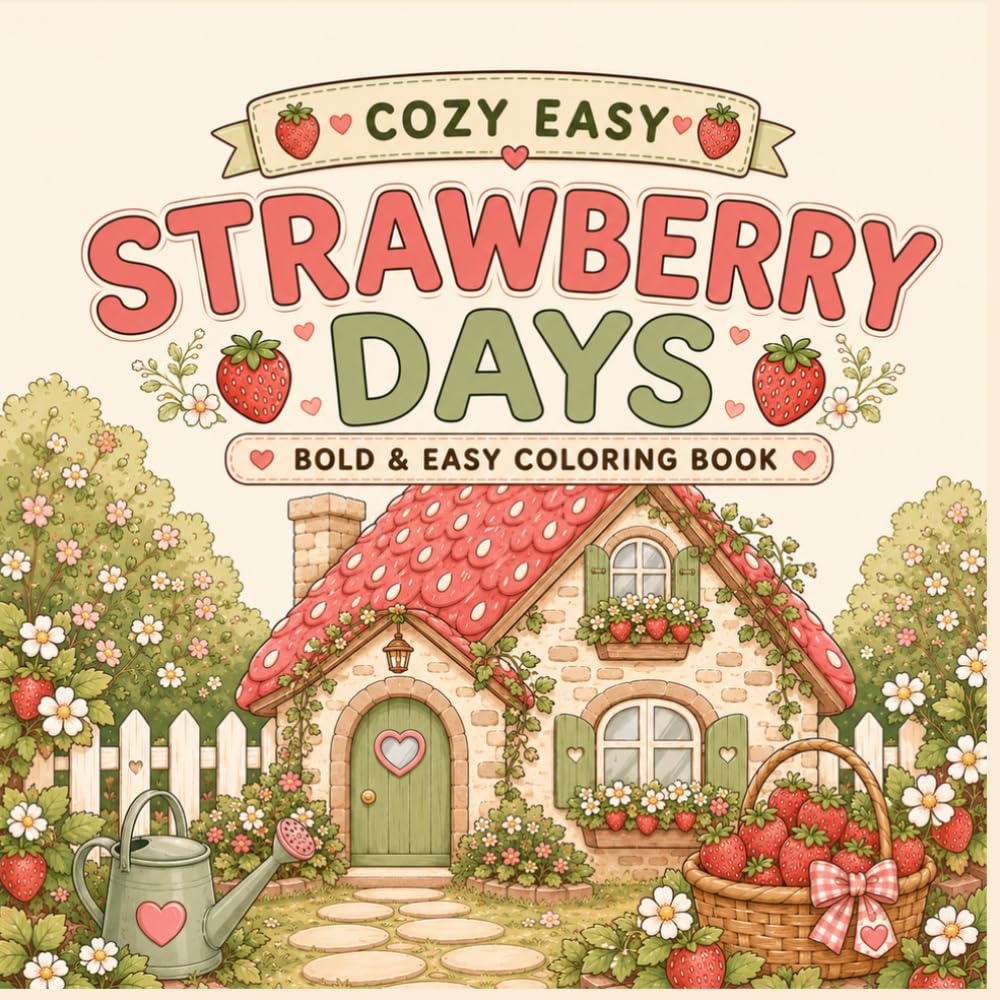 Cozy Easy Strawberry Days: A Bold and Easy Coloring Book Filled with Cozy Cottages, Strawberry Gardens, Farm Stands, Picnic Scenes, and Relaxing Cottagecore Moments