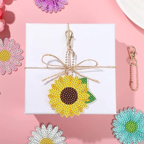 Miniatura 7 de JeCuiK 12 llaveros de pintura de diamante de margarita, bricolaje 5D, llaveros de doble cara de taladro completo de flores colgantes de diamantes