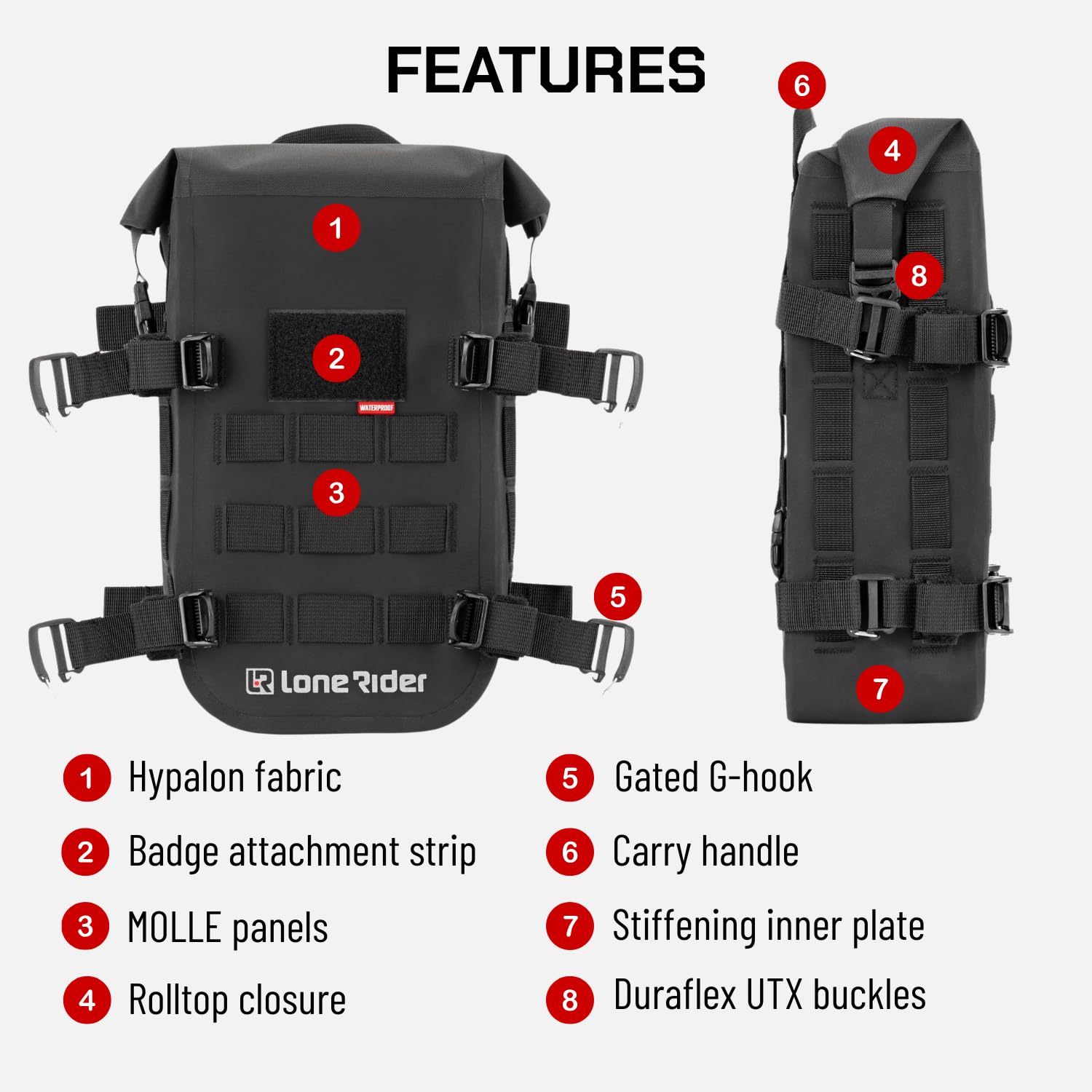 Lone Rider MiniBag 6L - Borsa impermeabile per barra antiribaltamento per motocicletta, con sistema Hypalon MOLLE, ganci G con cancello, fibbie a camma - archiviazione laterale del telaio paraurti