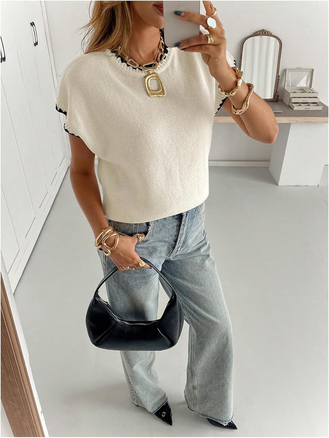 QJQ Women's Ribbed Sweaters Contrast Trim Short Sleeve Crew Neck Knit Vest Lightweight Business Casual Pullover Tops - Image 5