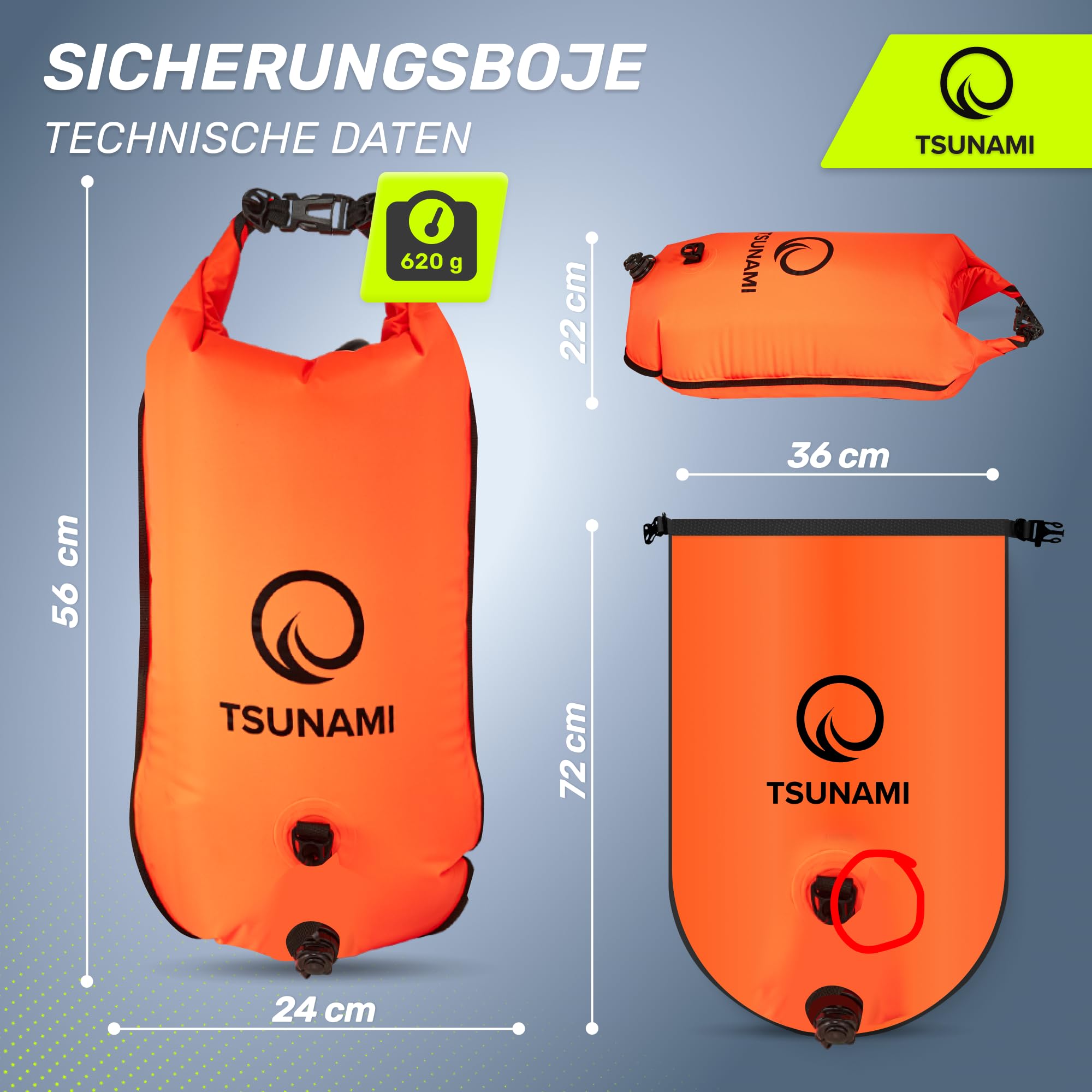 TSUNAMI Schwimmboje PRO mit 2-in-1-Trockentasche, Aufblasbare Schwimmhilfe für Schwimmen, Schnorcheln, SUP, Freiwasserschwimmen und Wildschwimmen, Sicherheitsboje, sichtbare Boje