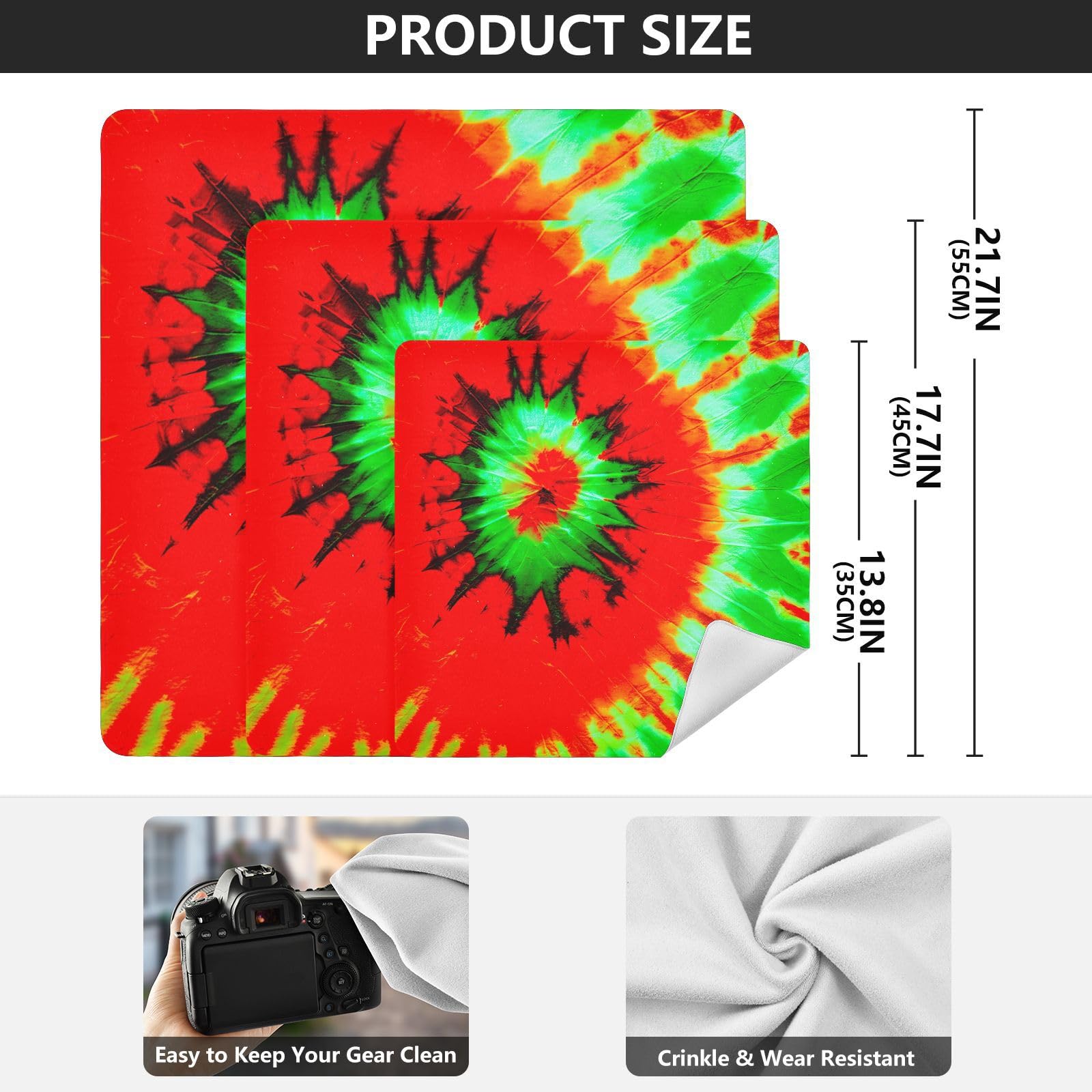 ODAWA Digital Camera Lens Protector 17.7 In, Tie Dye Heart Makeup Wrap Cloth Bag, Easy-Storage Magic Cloths for Camera Tablet Laptop