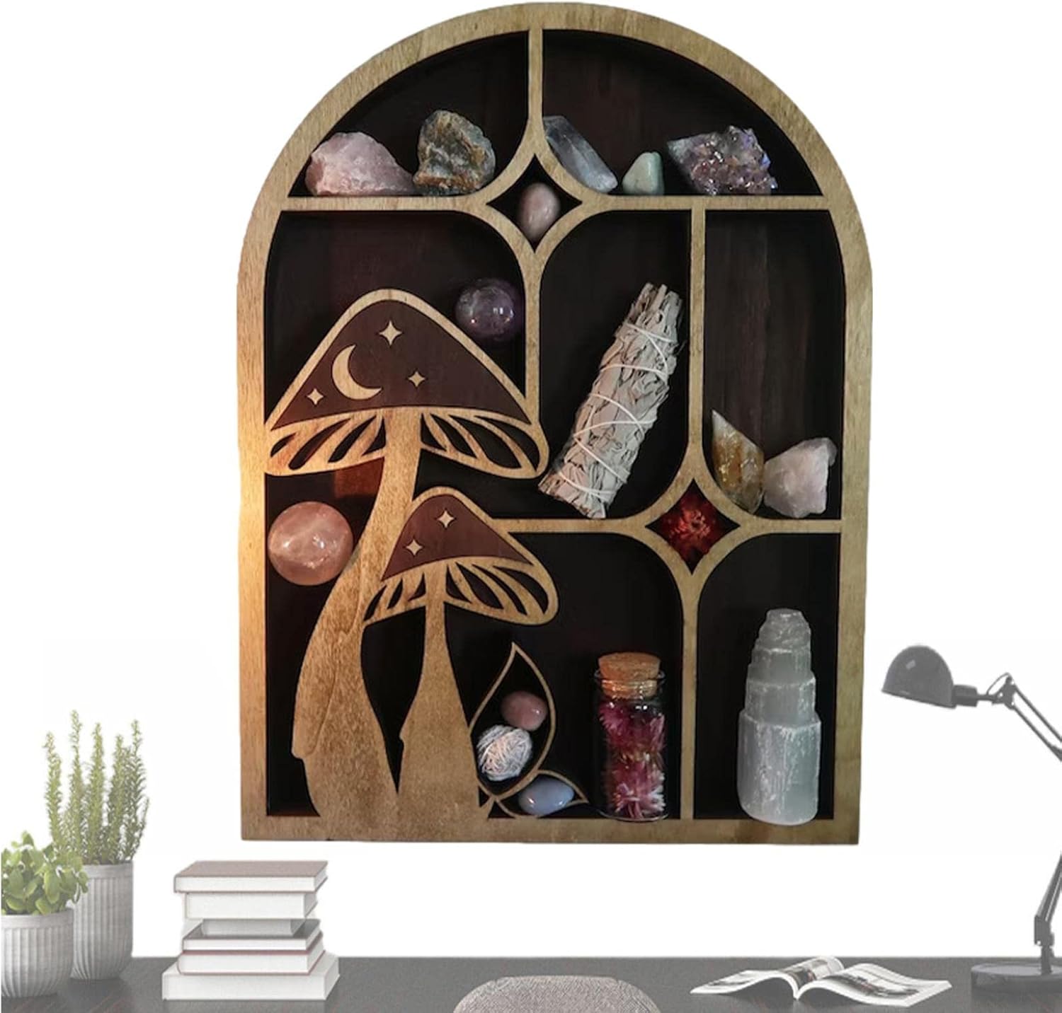 Crystal Display Shelf,Wooden Mushroom Moon Shelf for Crystals Shelves for Wall