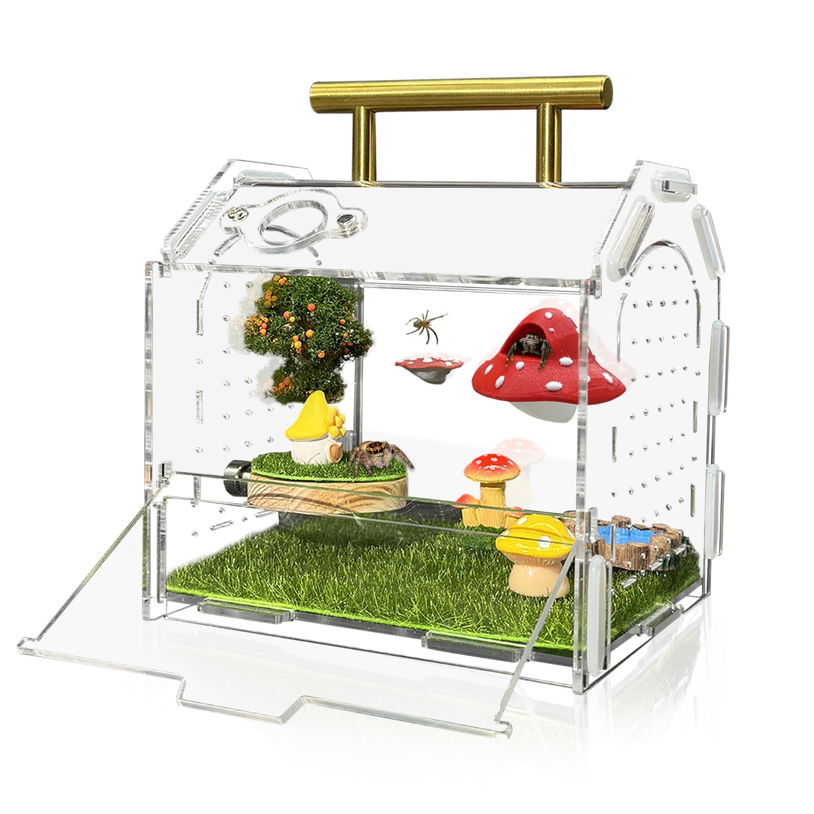 Jumping Spider Enclosure, 5.9" X 4.7" X 5.5" Acrylic Spider Habitat, Front Opening Reptile Terrarium with Matrix Ventilation Holes & Feeding Holes,