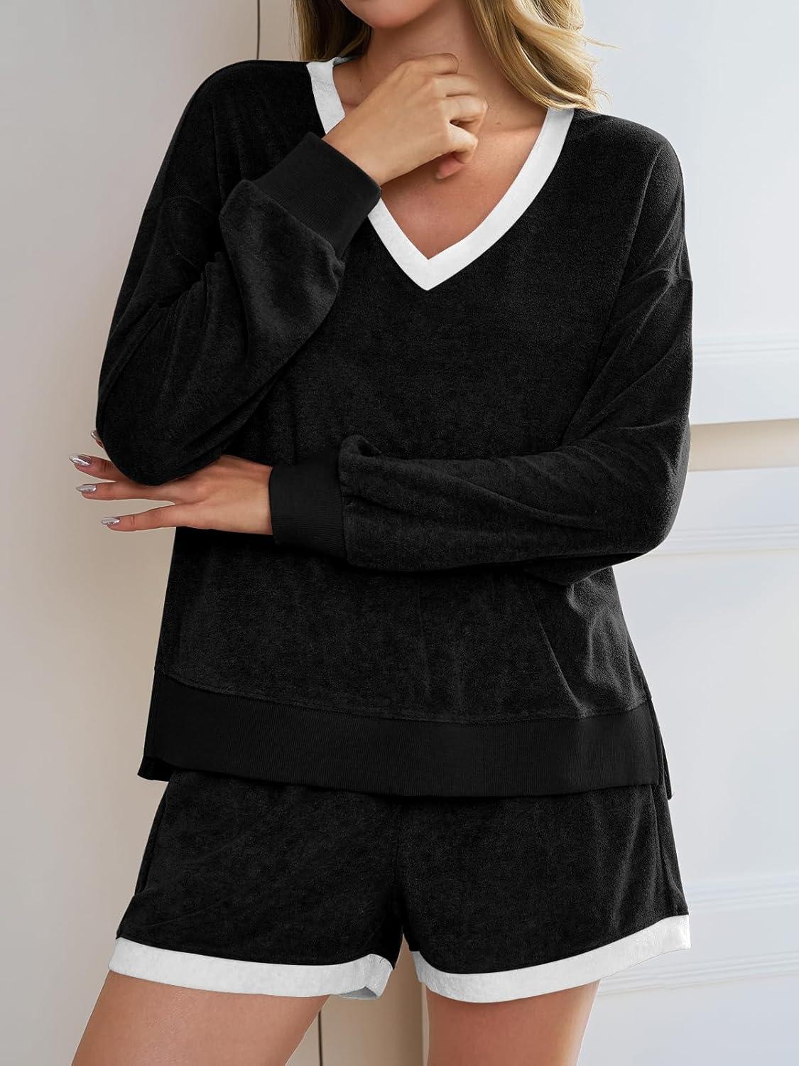 Tankaneo Womens V Neck 2 Piece Pajama Short Sets Color Block Loose Fit Long Sleeve Shirt and High Waisted Shorts Lounge Sets - Image 2