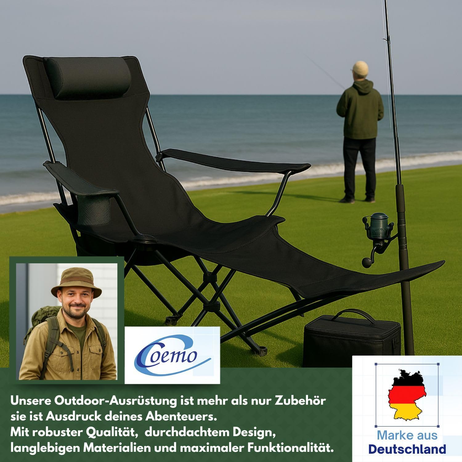 Coemo Campingstuhl, Schwarz, zusammenklappbar, verstellbar, Getränkehalter | Liegestuhl mit Kopfstütze, Tasche, Relaxliege leicht, tragbar, verstellbarer Faltstuhl, zusammenklappbarer Stuhl