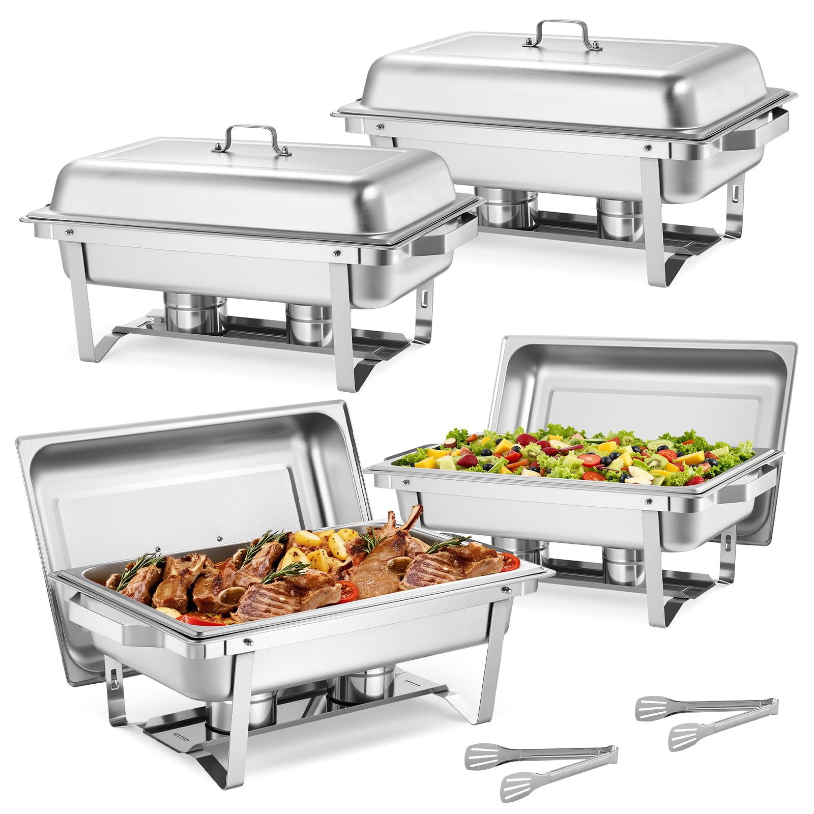 VEVOR Set di Scaldavivande Rettangolari da 8,5 L 4 Pezzi Contenitori Riscaldanti per Buffet con Manico e 2 Pinze per Alimenti e Coperchio e Porta Combustibile, Adatti per Banchetti, Feste, Matrimoni