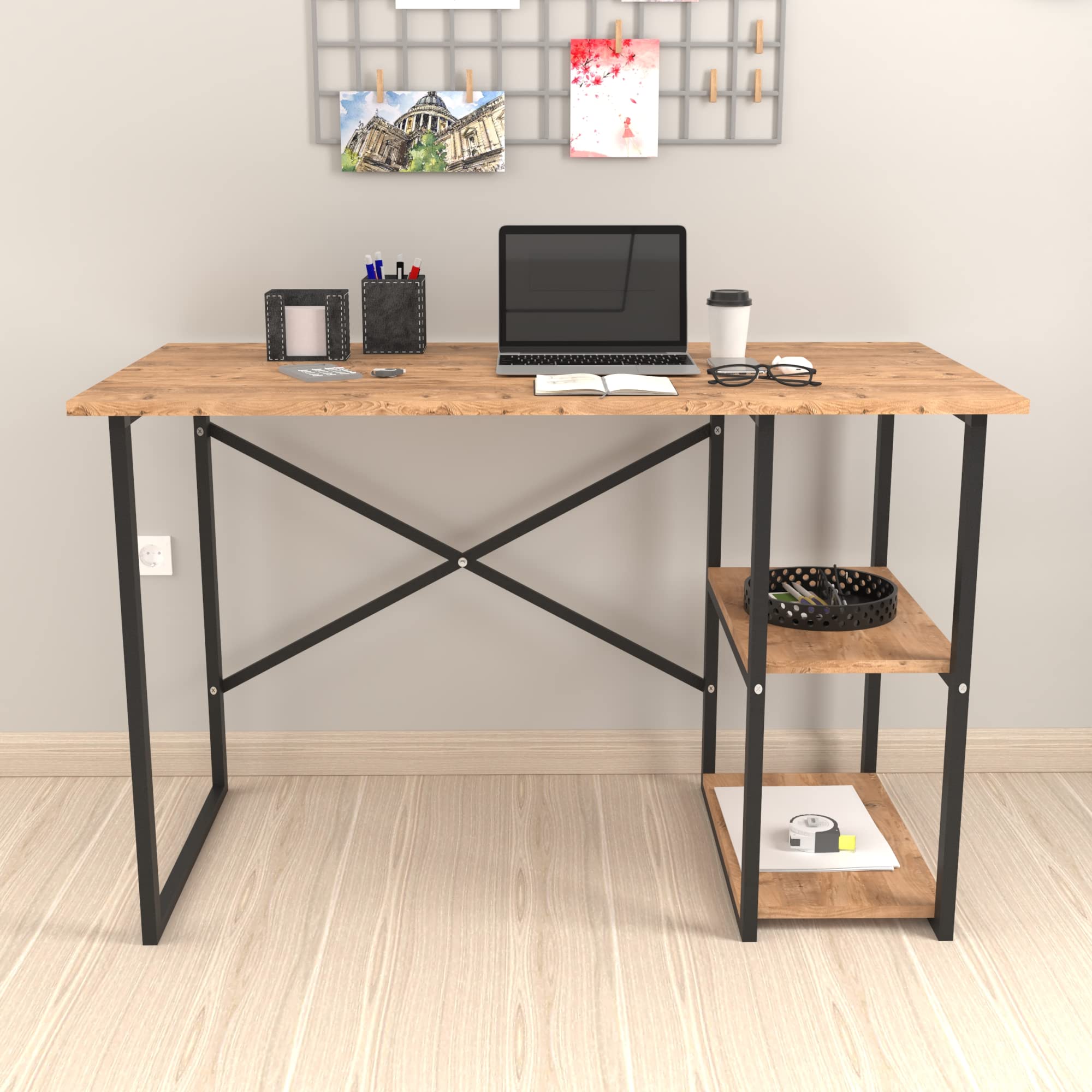[en.casa] Scrivania con 2 Ripiani Laterali (AxLxP) 75 x 120 x 60 cm Postazione di Lavoro Tavolo da Studio con Telaio in Metallo Nero e Piani in Effetto Rovere